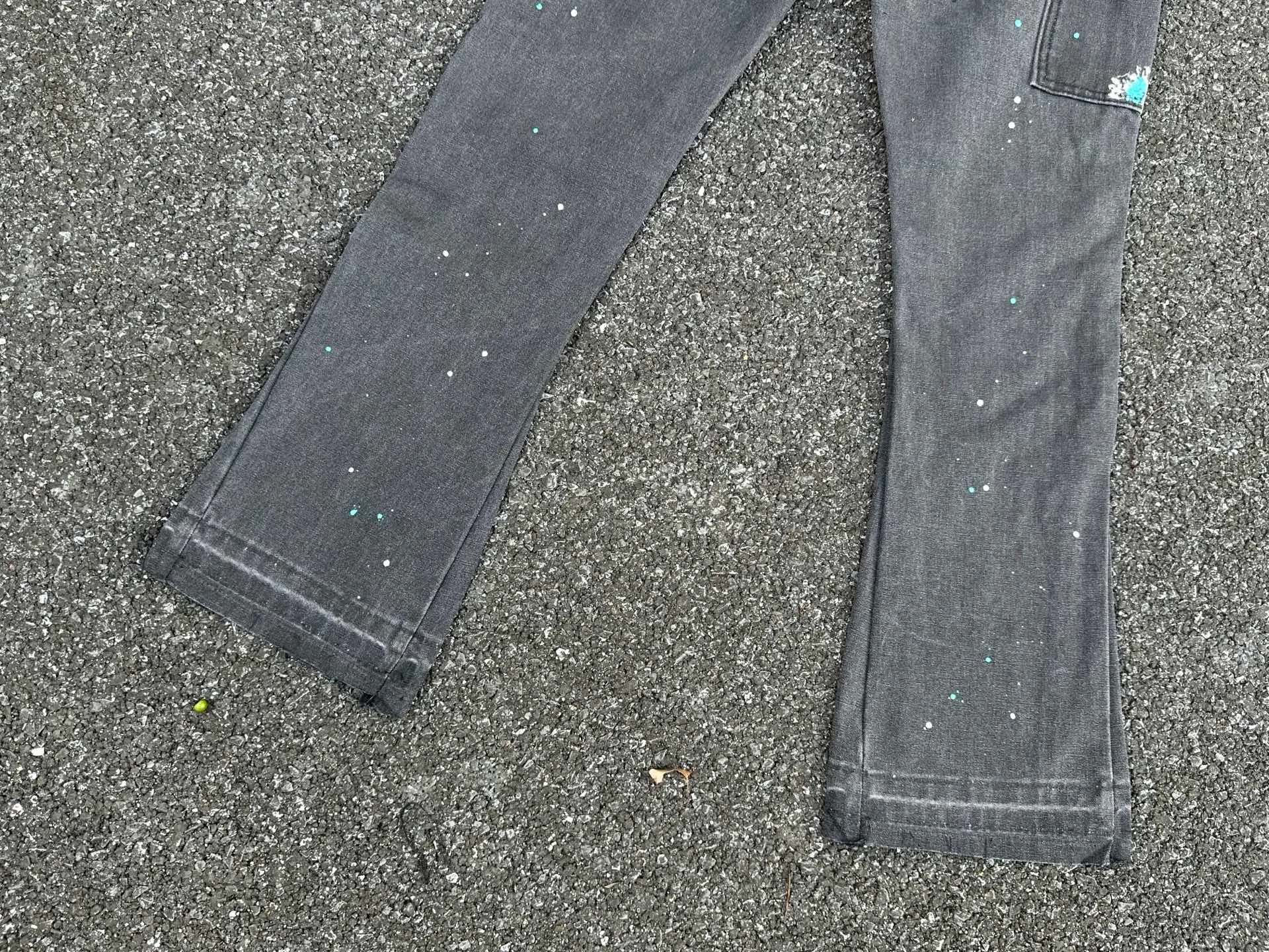 P240💰GA01 GALLERY DEPT. Spliced ​​washed retro jeans for men and women, high street splash pants, micro-flared casual trousers, trendy couples, the same style. Color: washed gray Size: 28 30 32 34 36 (corresponds to S M L XL XXL)